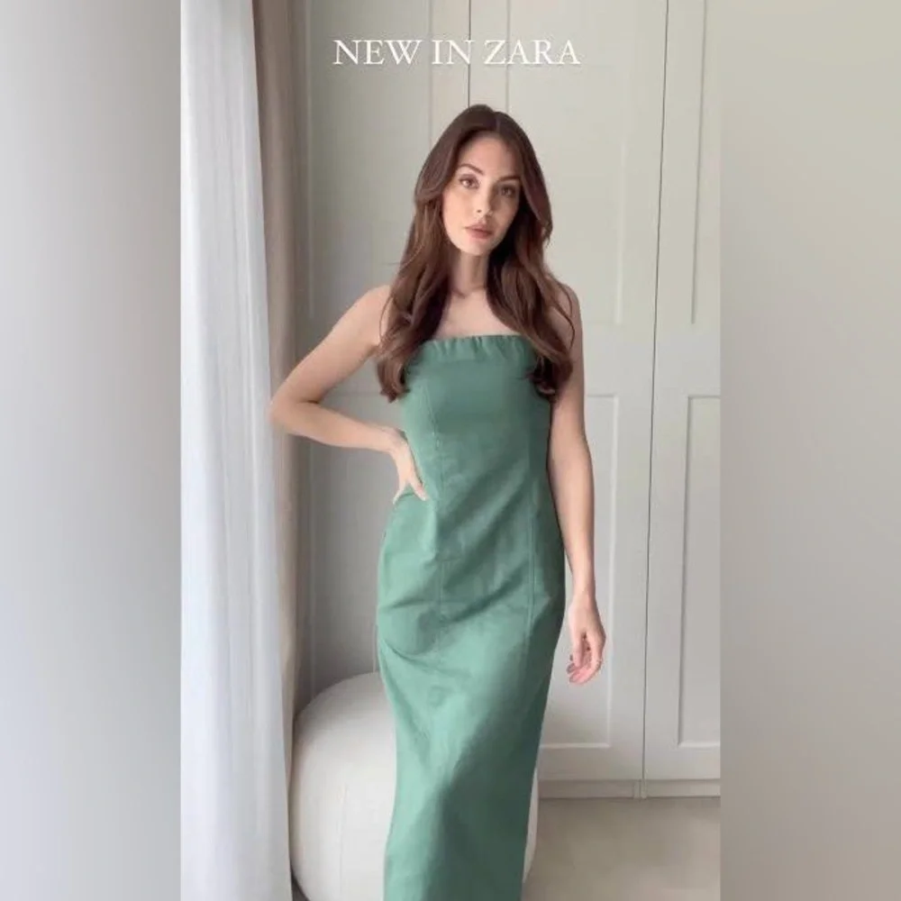 Zara green tube strapless midi linen blend dress